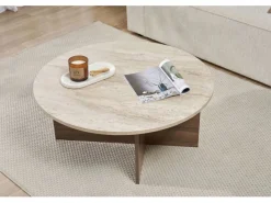 Table basse en bois "Soleil" - 90 x 90 x 40 cm - Travertin