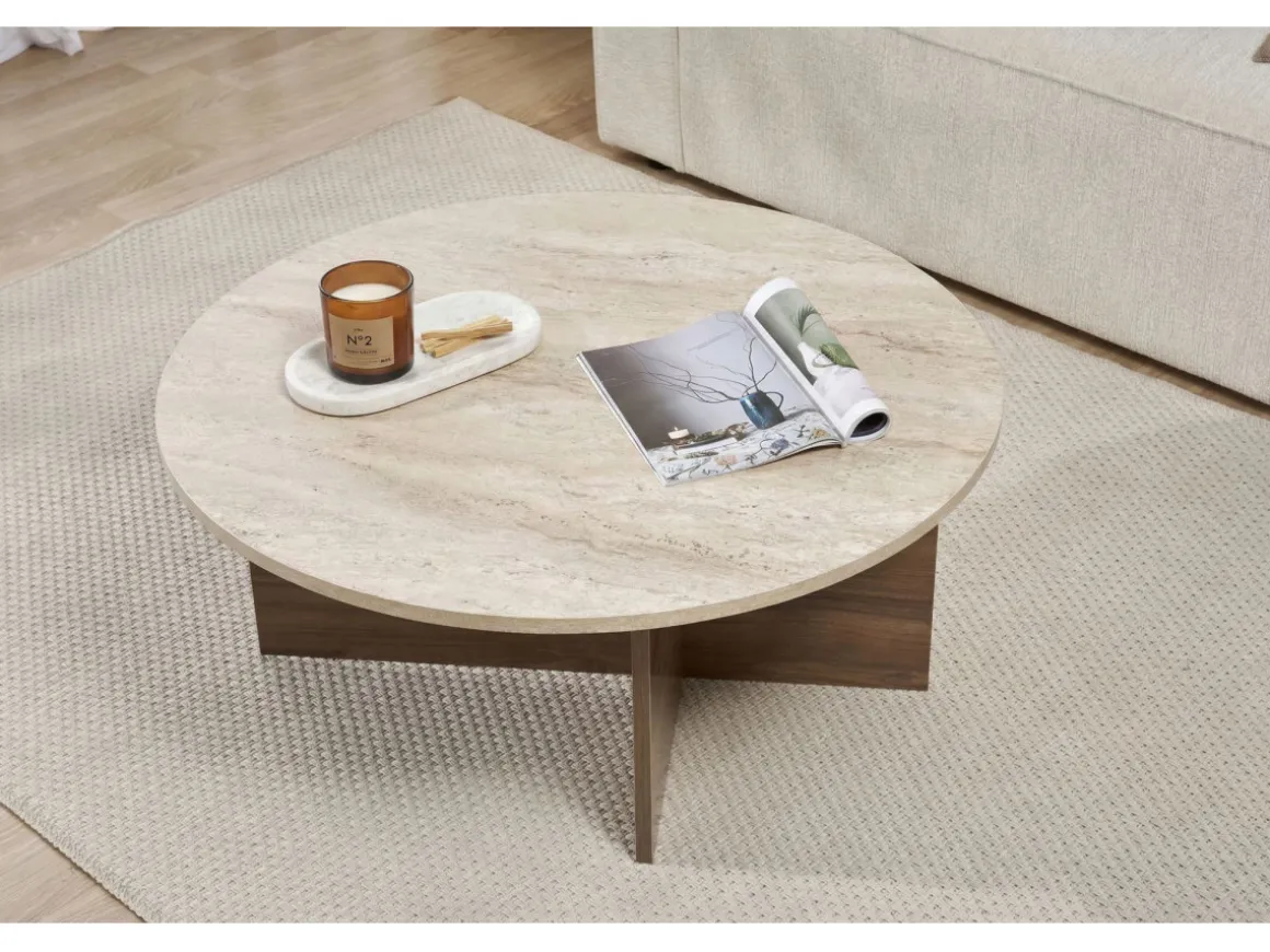 Table basse en bois "Soleil" - 90 x 90 x 40 cm - Travertin