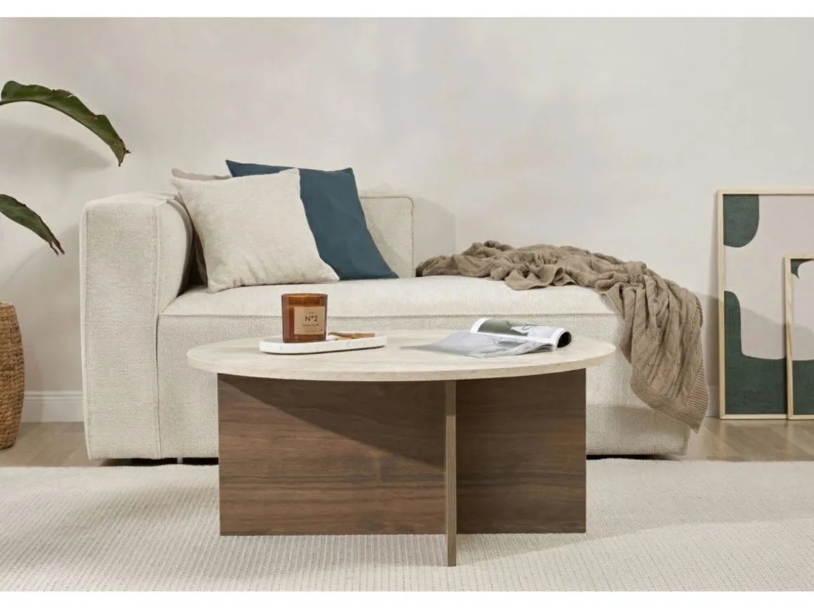 Table basse en bois "Soleil" - 90 x 90 x 40 cm - Travertin
