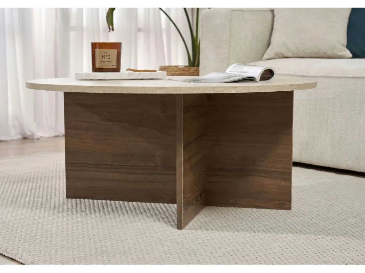 Table basse en bois "Soleil" - 90 x 90 x 40 cm - Travertin