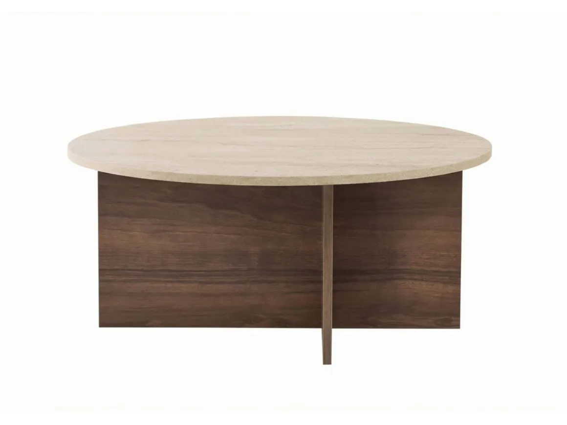 Table basse en bois "Soleil" - 90 x 90 x 40 cm - Travertin