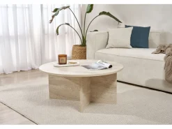 Table basse en bois "Soleil" - 90 x 90 x 40 cm - Travertin