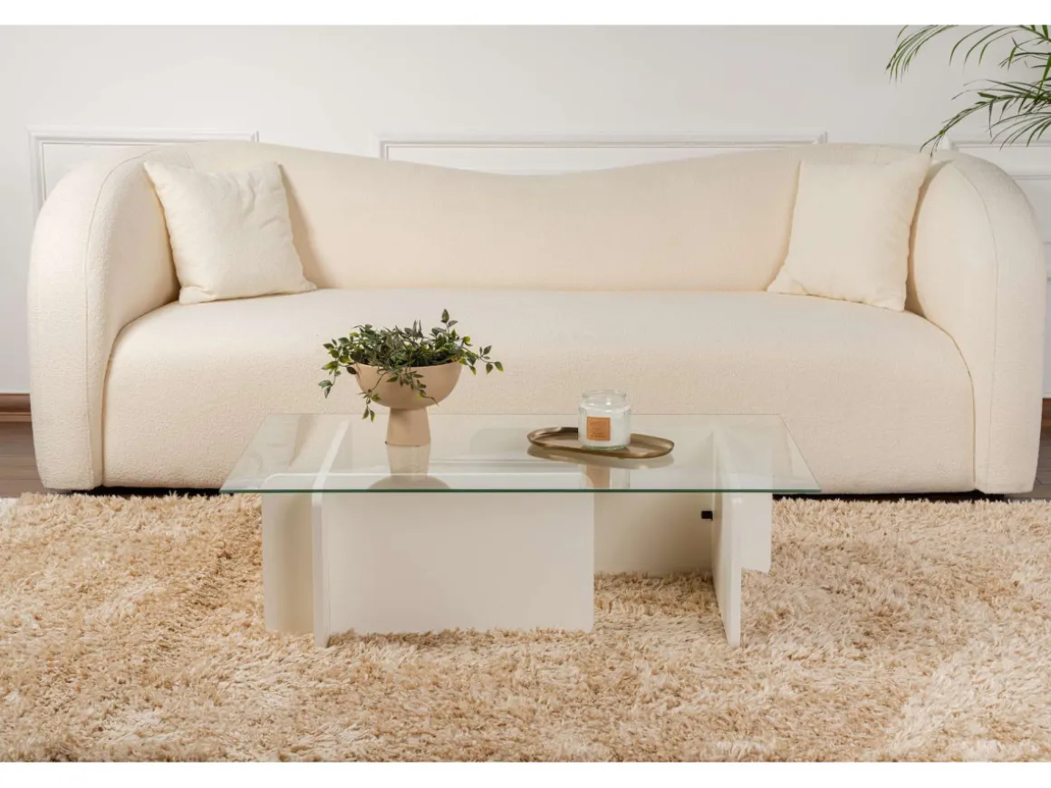 Table basse en verre "Flavio" 105 x 65 x 30 cm - Bois blanc