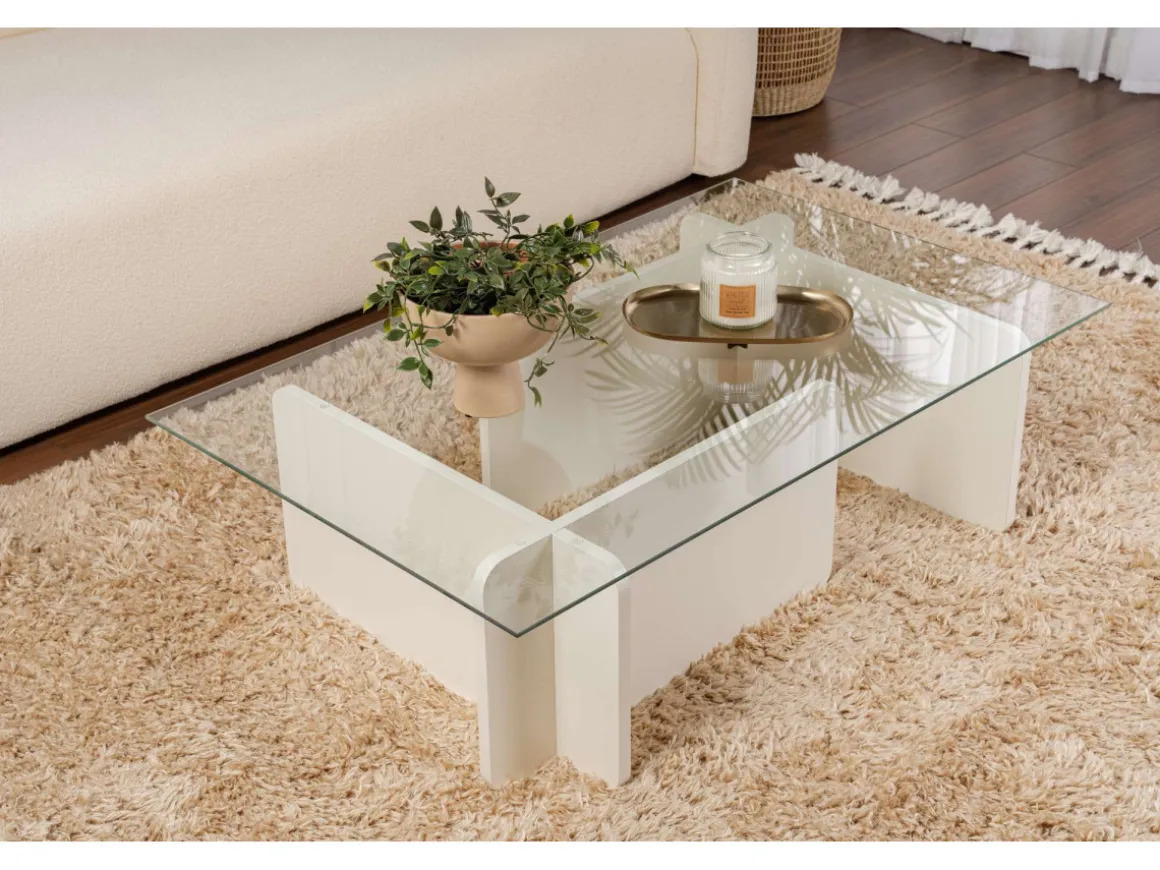 Table basse en verre "Flavio" 105 x 65 x 30 cm - Bois blanc