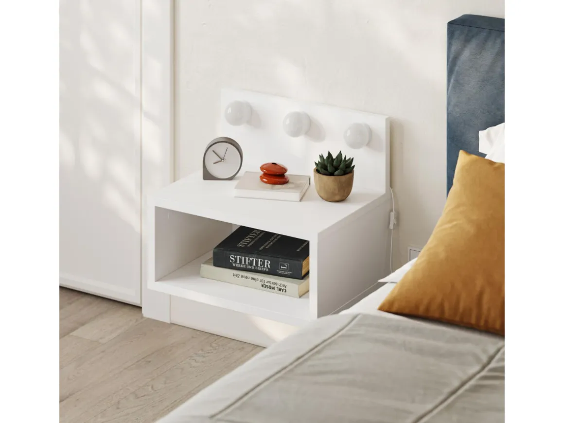 Table de chevet avec ampoule en bois "Treo" - 40 x 30 x 34 cm - Blanc