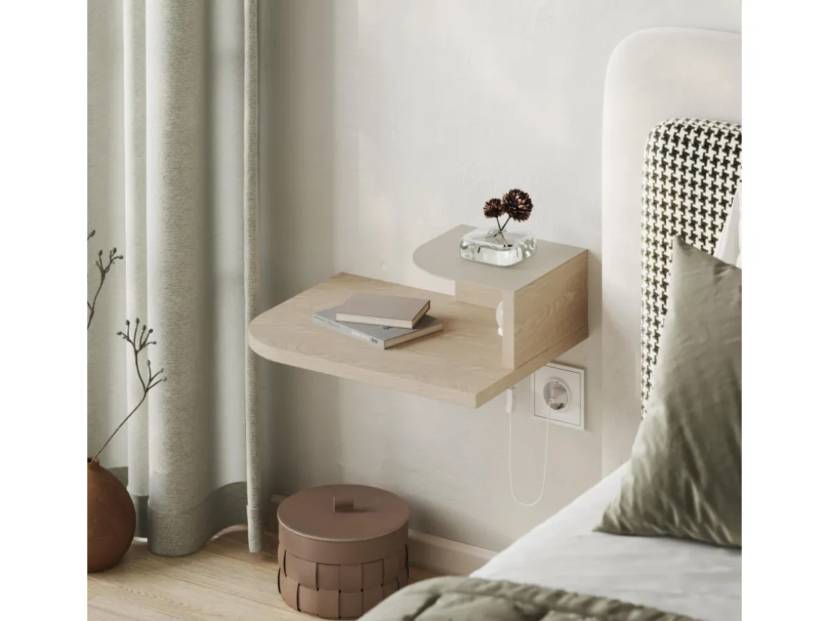 Table de chevet avec ampoule en bois "Luno" - 40 x 30 x 16 cm - Crème
