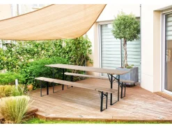Table de jardin brasserie pliante avec 2 bancs " Lisbonne " - 176 x 46 x 75 cm -  Marron
