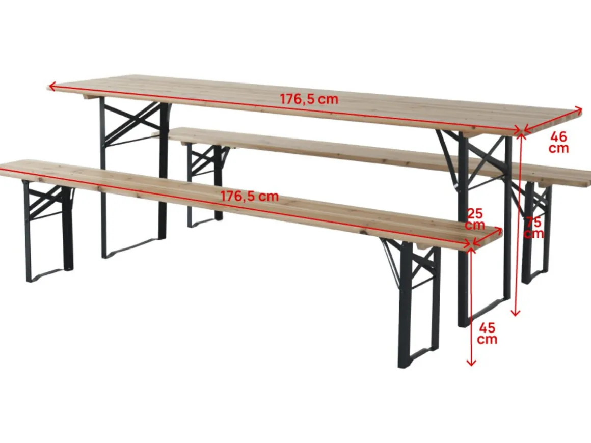 Table de jardin brasserie pliante avec 2 bancs " Lisbonne " - 176 x 46 x 75 cm - Marron