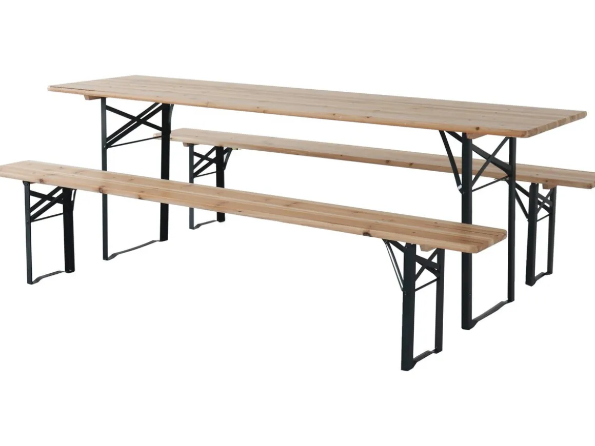 Table de jardin brasserie pliante avec 2 bancs " Lisbonne " - 218 x 59,5 x 75 cm - Marron