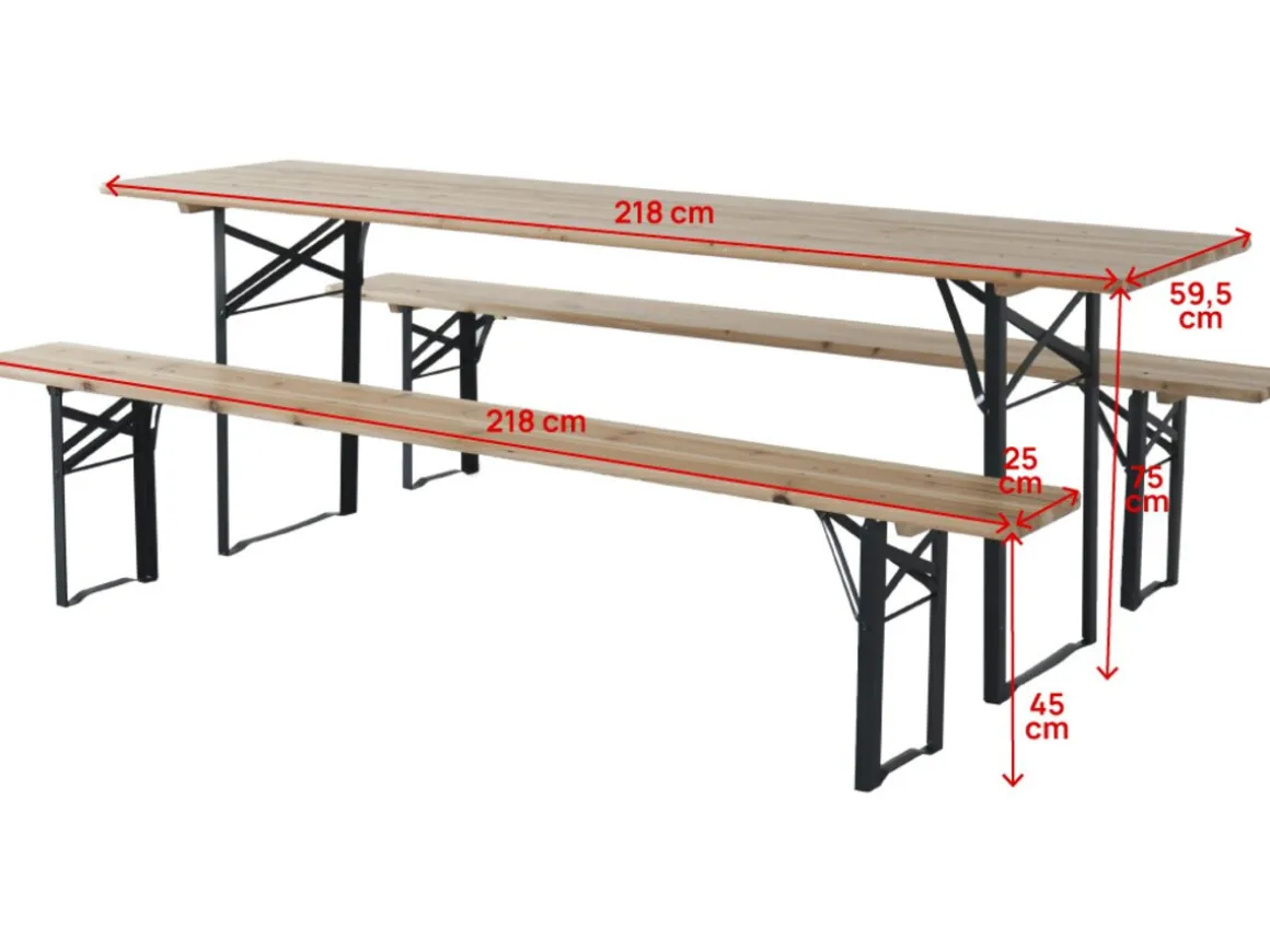 Table de jardin brasserie pliante avec 2 bancs " Lisbonne " - 218 x 59,5 x 75 cm - Marron