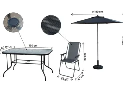 Table et chaises de jardin avec parasol en métal 