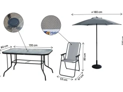 Table et chaises de jardin avec parasol en métal "Convivia" - 6 places - Gris clair
