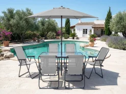 Table et chaises de jardin avec parasol en métal 