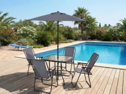 Table et chaises de jardin avec parasol en métal 