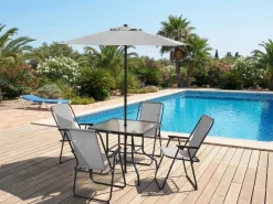 Table et chaises de jardin avec parasol en métal 