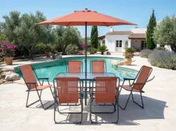 Table et chaises de jardin avec parasol en métal 