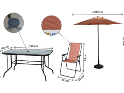 Table et chaises de jardin avec parasol en métal 