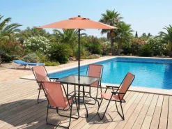 Table et chaises de jardin avec parasol en métal 