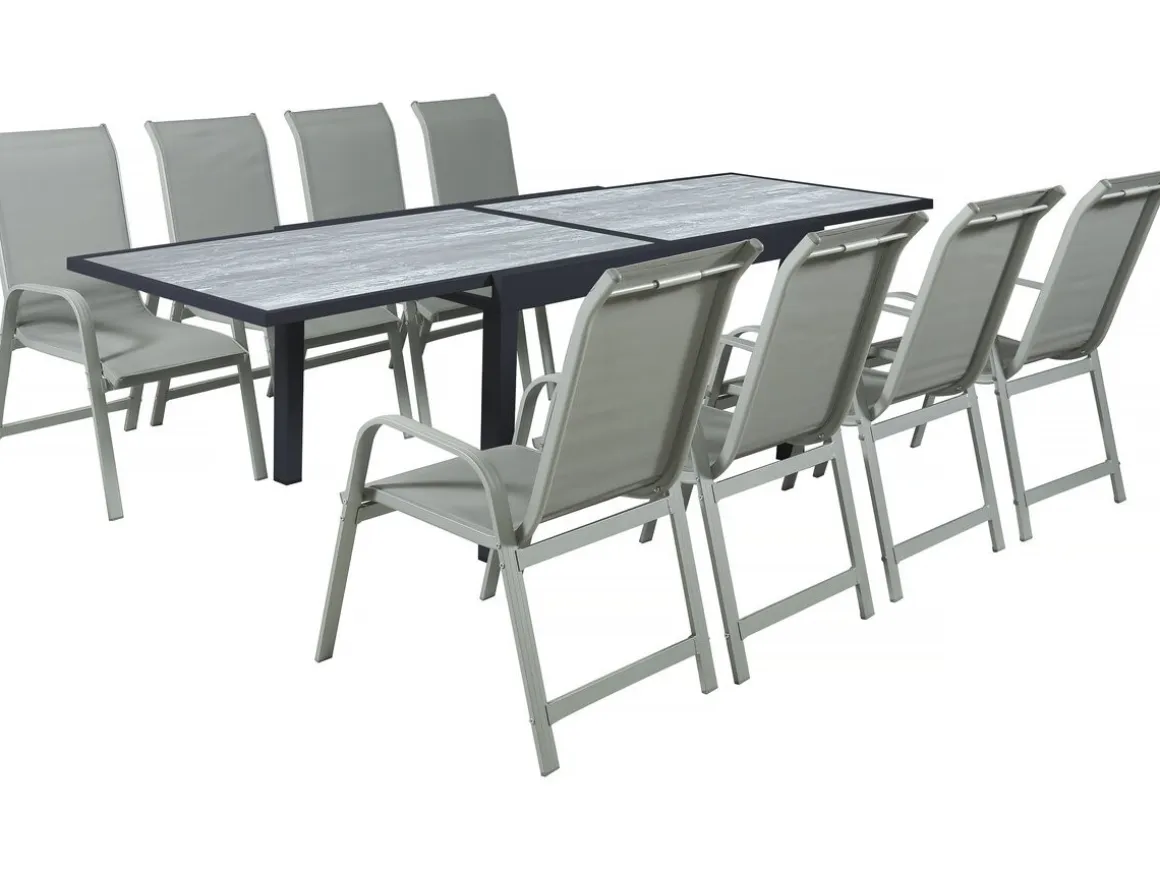 Table extensible et chaises de jardin en aluminium "Lagos" - 140/280 x 90 x 76 cm - 8 places - Gris clair