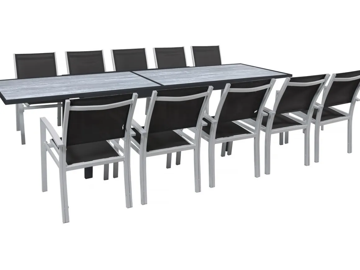 Table extensible et chaises de jardin en aluminium "Lagos" - 200/320 x 105 x 76 cm - 10 chaises - Noir