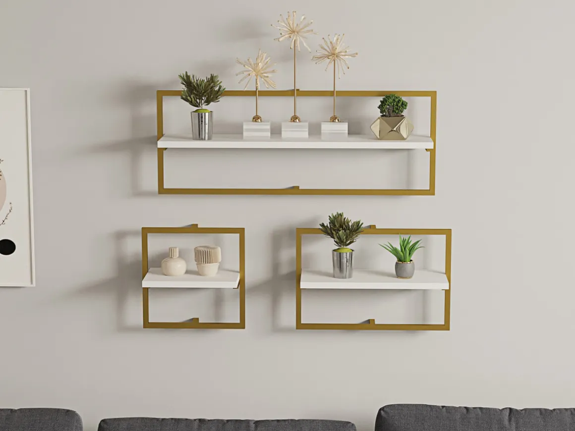 Étagère murale en bois "Yeso" - 80 x 20 x 30 cm - Blanc, Or