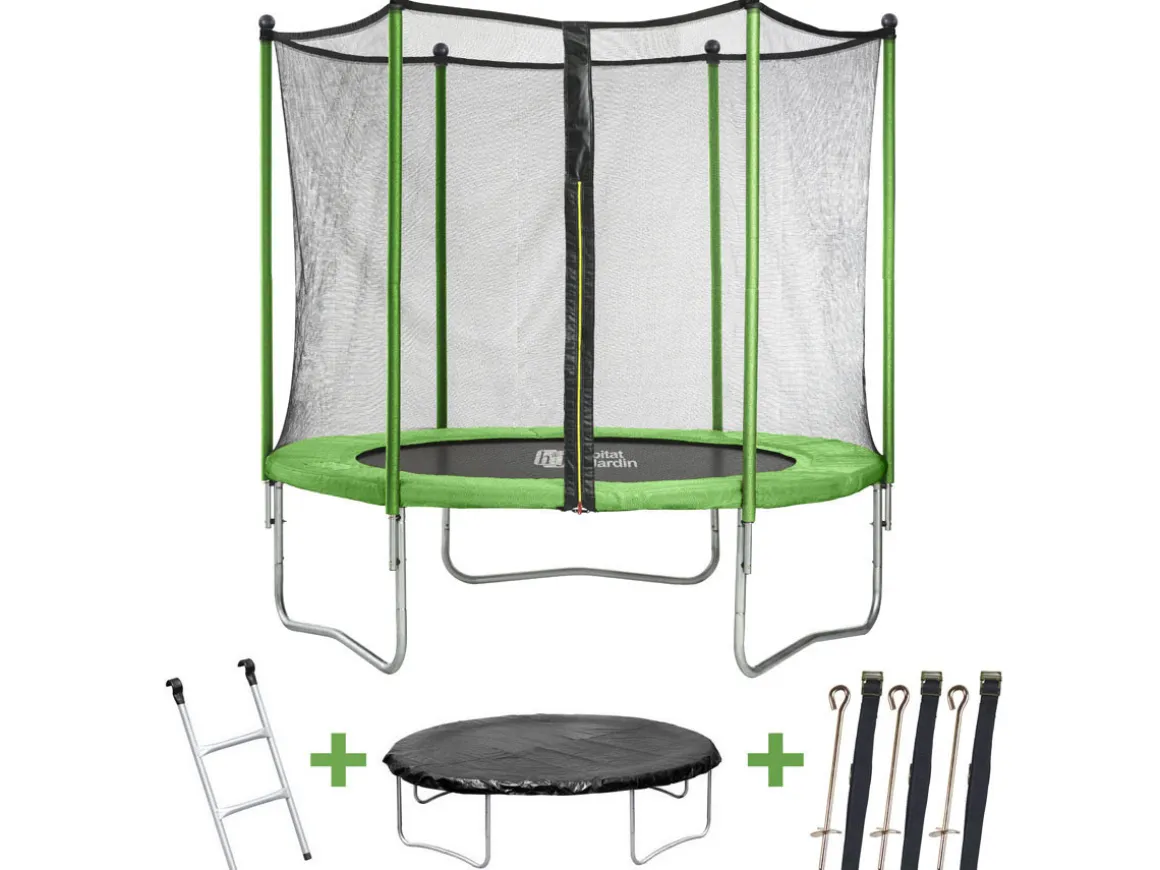 Trampoline "Yoopi" - Ø 3.05 m - Avec filet + échelle + couverture + kit d'ancrage