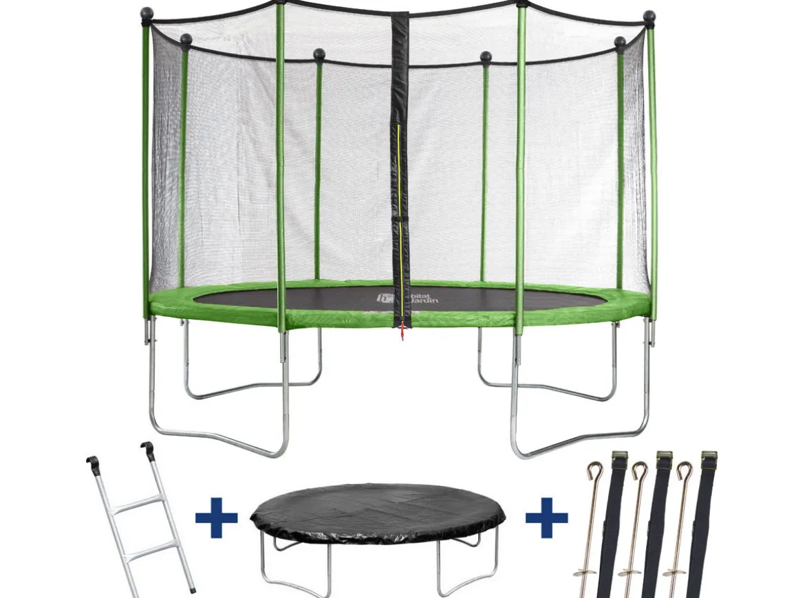 Trampoline "Yoopi" - Ø 3.65 m - Avec filet + échelle + couverture + kit d'ancrage