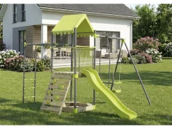 Aire de jeu portique en métal avec toboggan et bac a sable "Lucien" - Vert