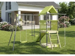Aire de jeu portique en métal avec toboggan et bac a sable "Sohane"  - Vert