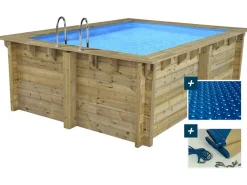 Piscine bois rectangle " Caimans 120  " - 4.10 x 3.00 x 1.24  m + Bâche à bulles 180 µ - Bâche hiver 280 g/m²