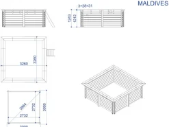Piscine bois rectangle " Maldives  " - 3.20 x 3.20 x 1.24  m + Bâche à bulles 180 µ - Bâche hiver 280 g/m²